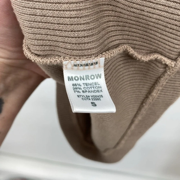 Monrow Rib Zip up Dress Womens Sz Small Tan Tencel Long Sleeves Bodycon Mini Zip - Picture 7 of 12